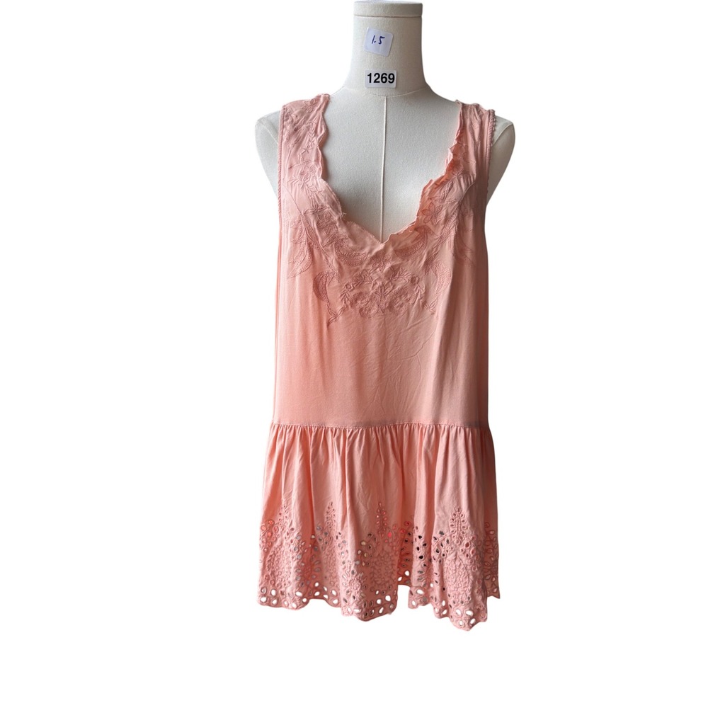 Womens Peach Rayon Tunic Tank Top 2X‎ Eyelet Lace Boho Sleeveless Babydoll Plus